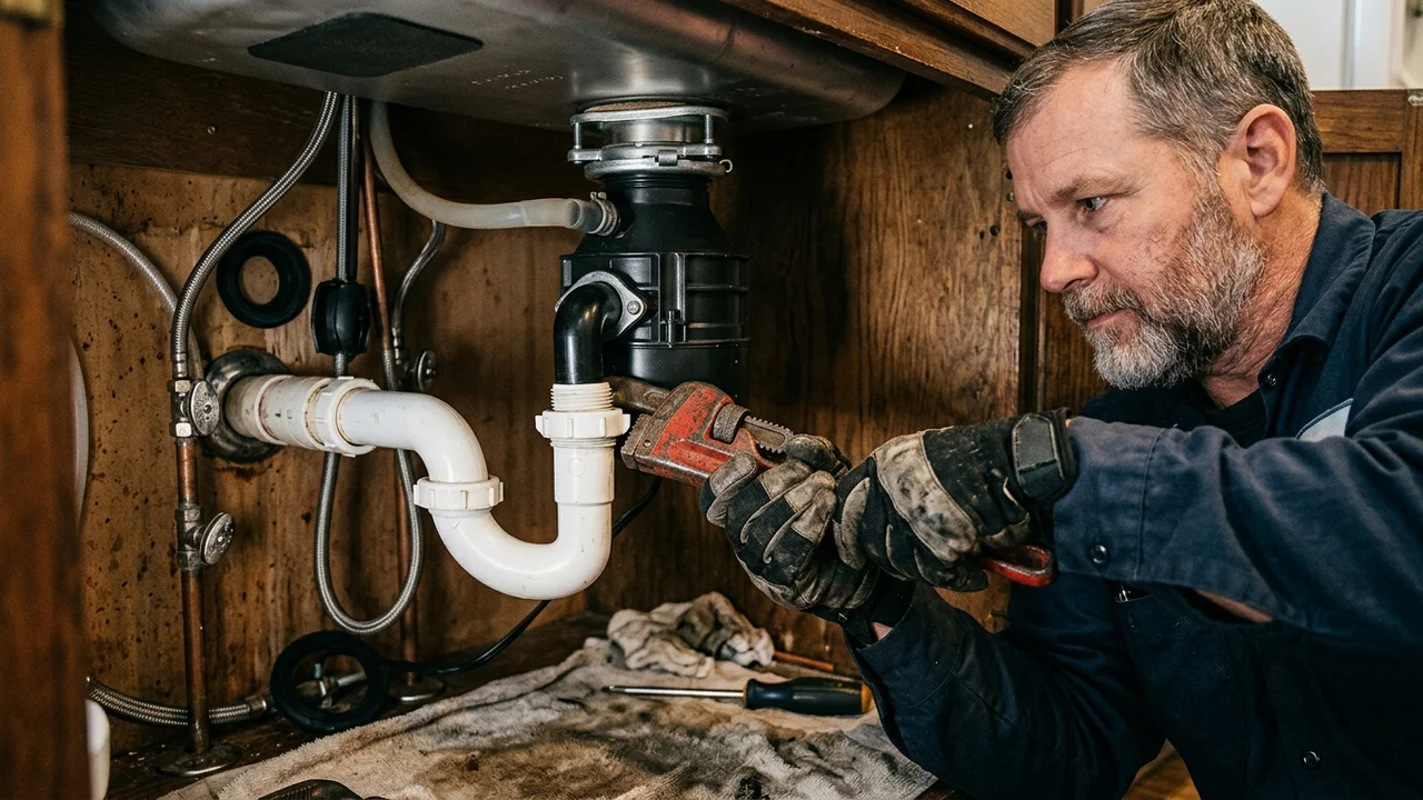 Plumbing technician repairing under-sink disposal drain line and P-trap in Pittsburg home