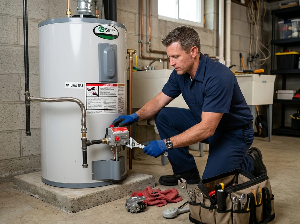 Plumbing specialist replacing gas control thermostat valve unit on water heater