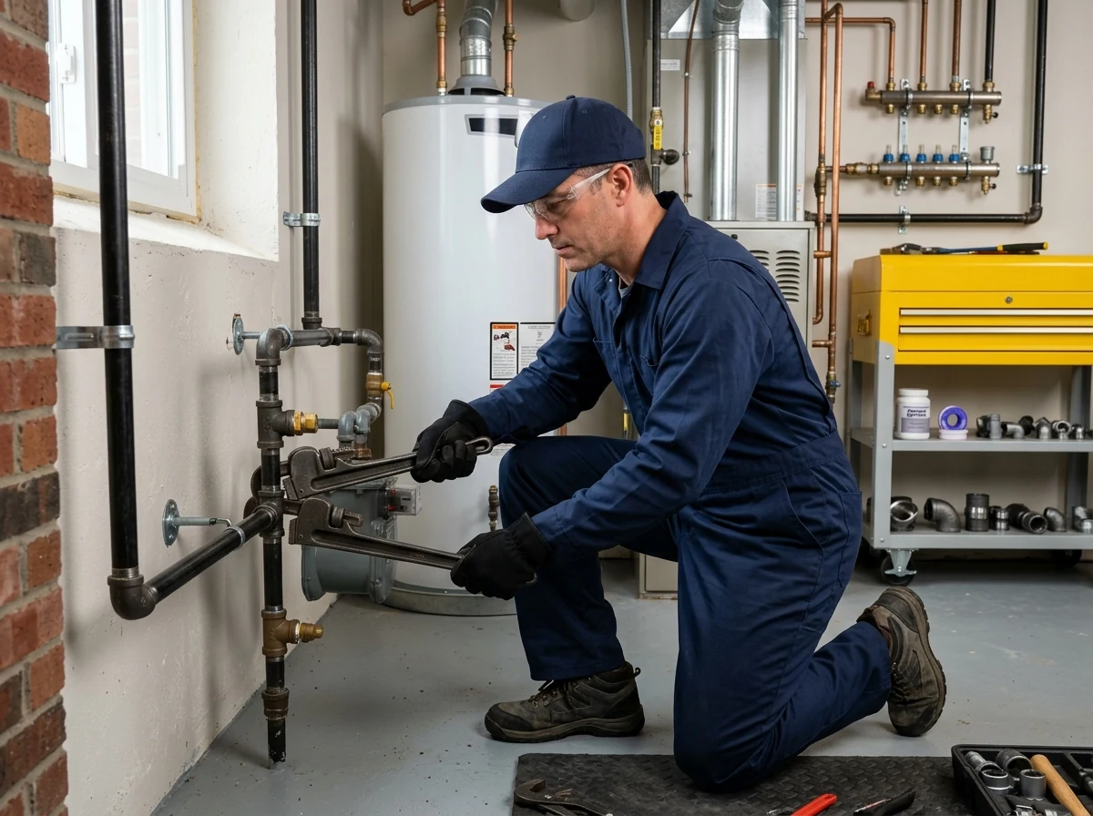Plumber fitting black iron natural gas pipes using heavy duty pipe wrenches