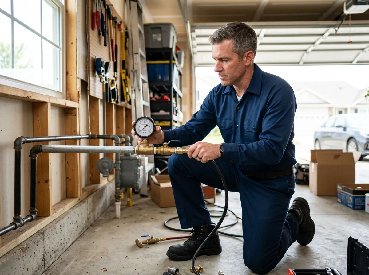 Plumber inspecting air pressure test gauge on residential gas piping manifold