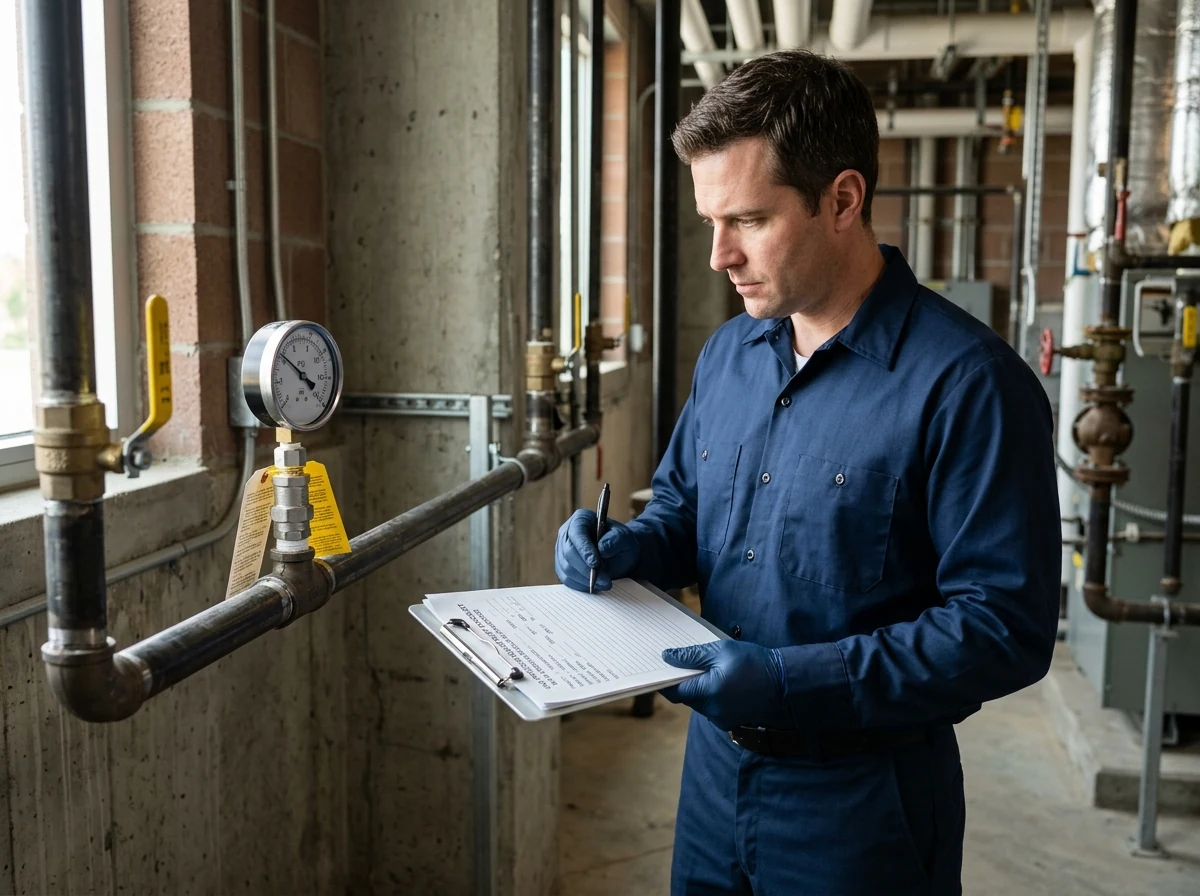 Plumber conducting pressure audit and inspection checklist for gas permit signoff