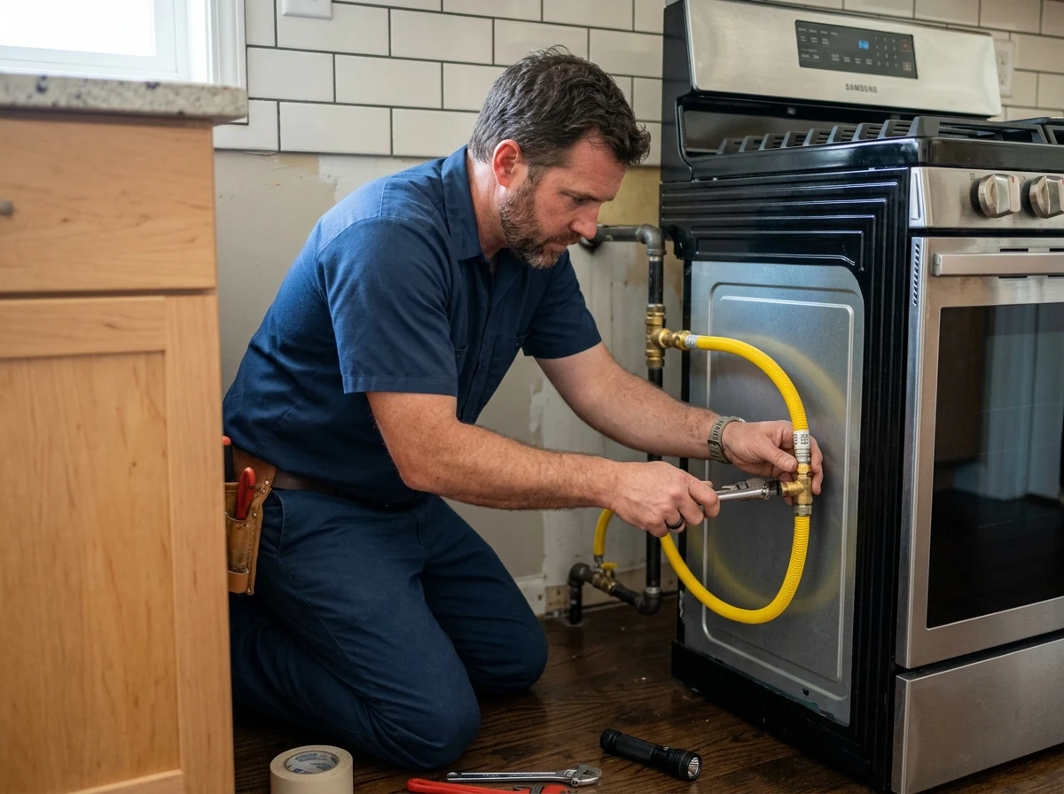 Plumber installing yellow stainless steel flexible gas connector hose behind stove