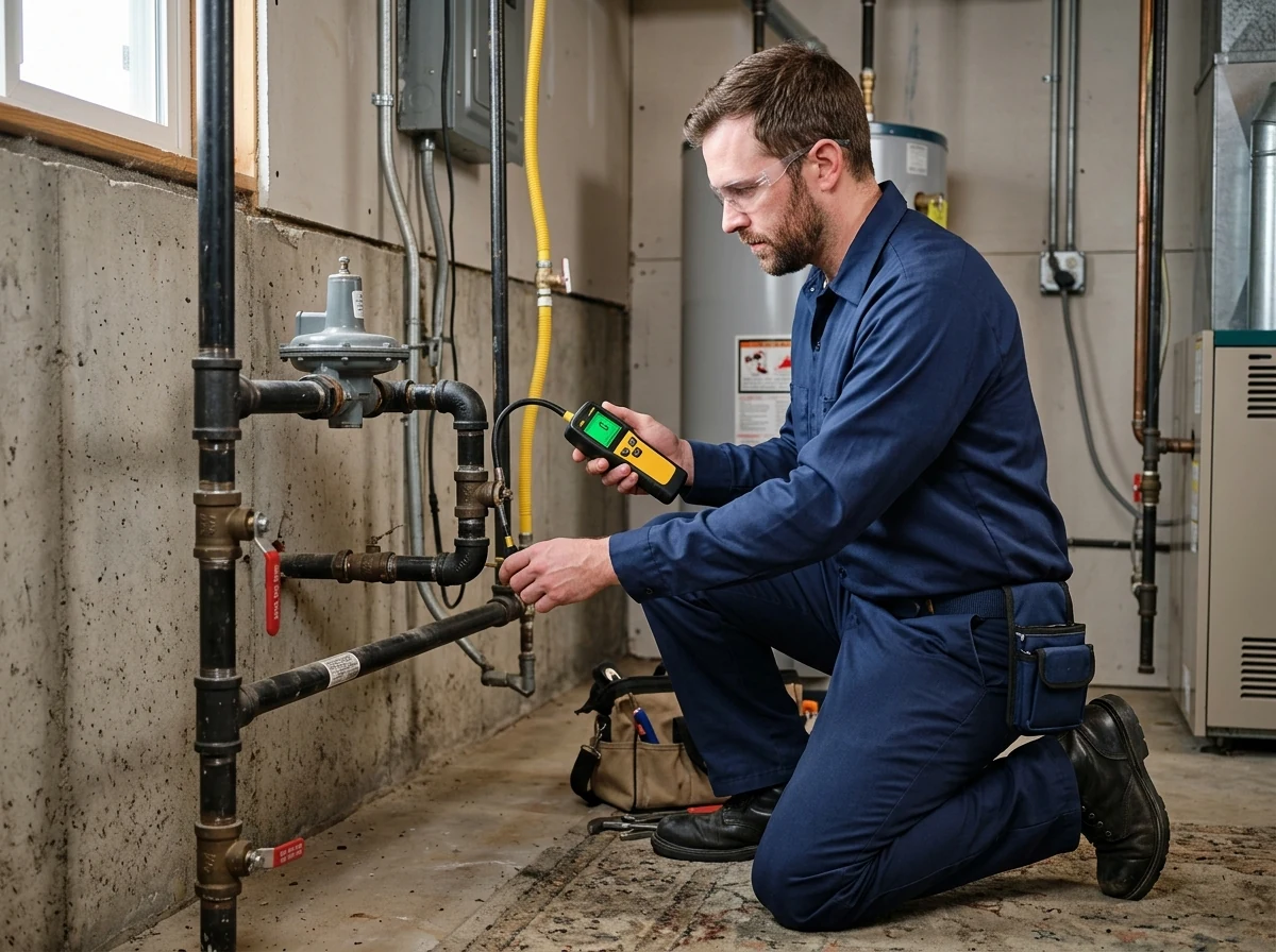 Plumbing technician using electronic combustible gas detector wand along basement pipes