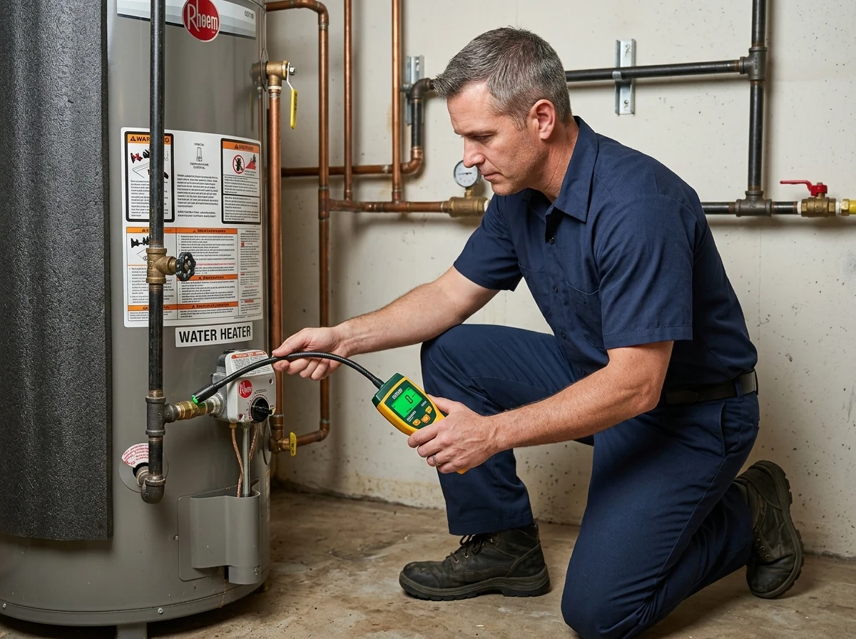 Plumbing technician using digital combustible gas leak sniffer wand near water heater