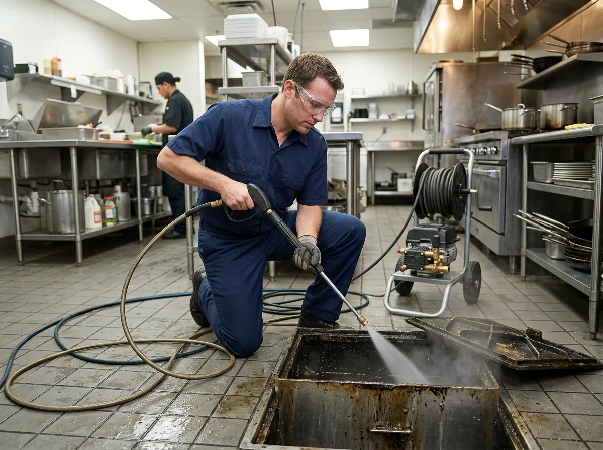 Plumber power hydro jetting restaurant commercial grease trap basin