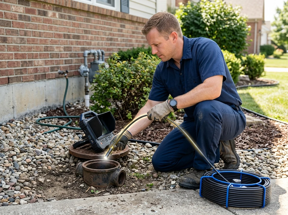 Plumber feeding illuminated color pushrod camera into sewer cleanout pipe