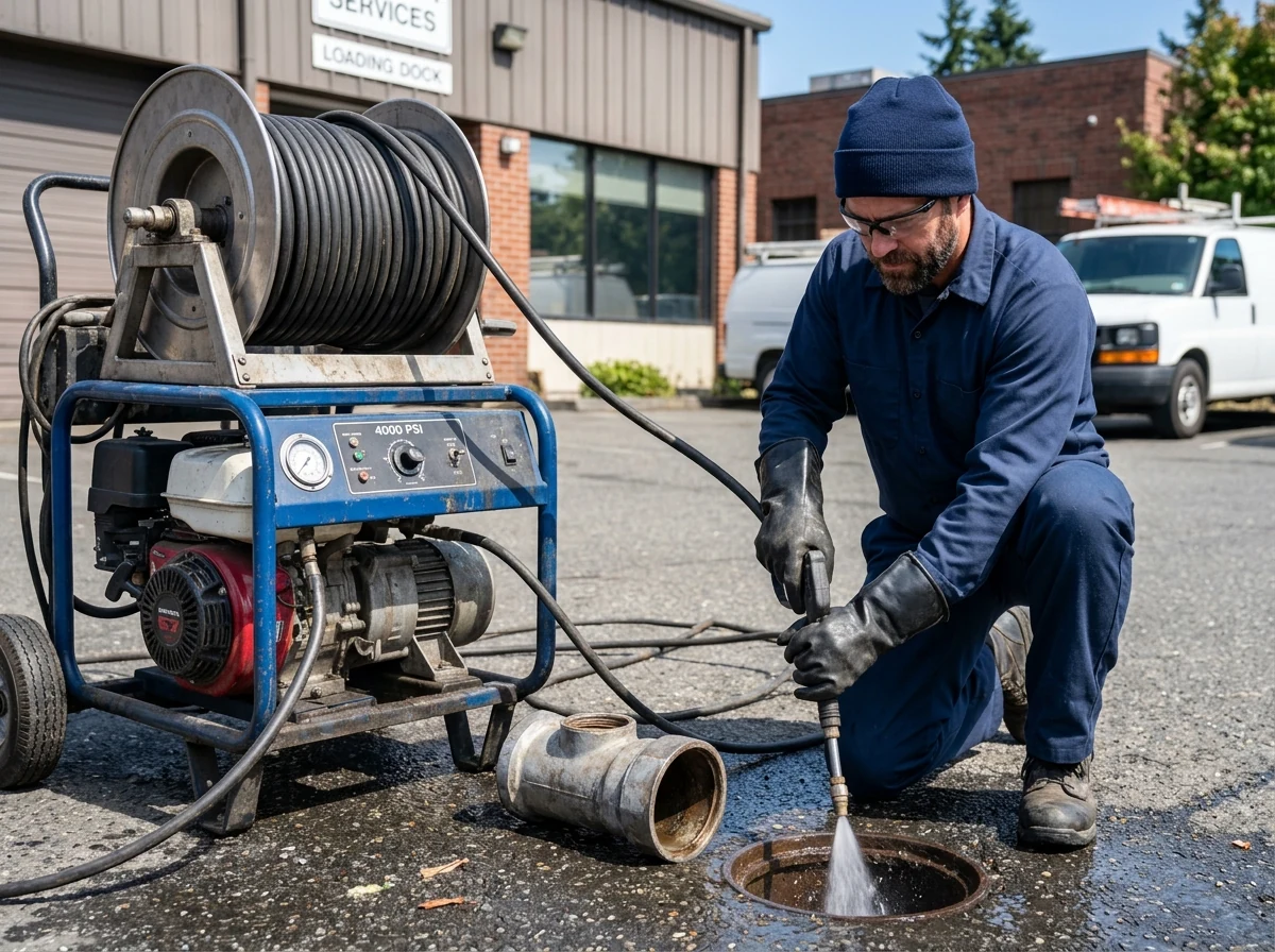 Plumbing technician operating 4000 PSI hydro jetting machine reel at sewer cleanout