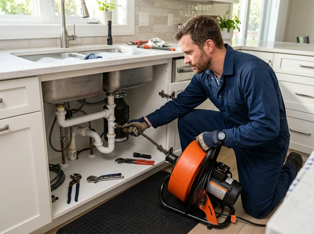 Plumbing technician using electric motorized snake machine to clear kitchen sink drain