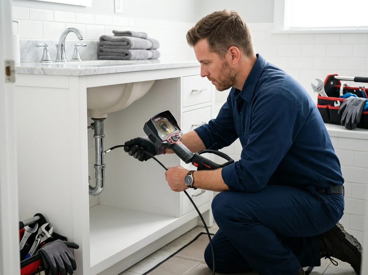 Plumber feeding digital drain scope camera probe into sink drain line