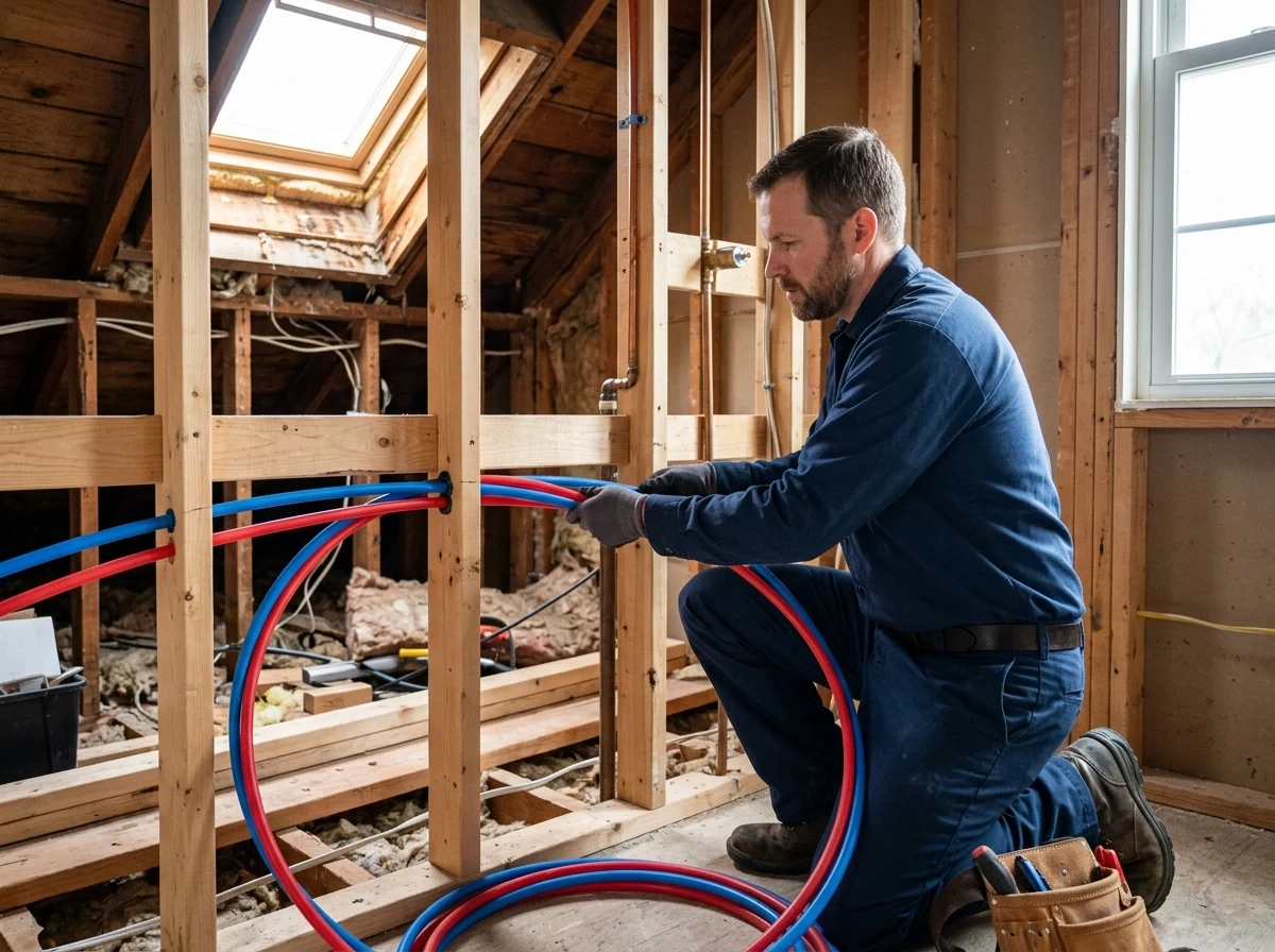 Plumbing technician installing overhead flexible PEX water pipes through wall studs