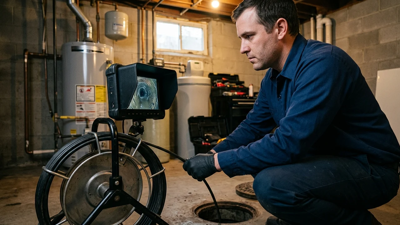 Figure 2: Plumber in solid navy work shirt operating sewer camera monitor during drain pipe inspection in Pittsburg CA