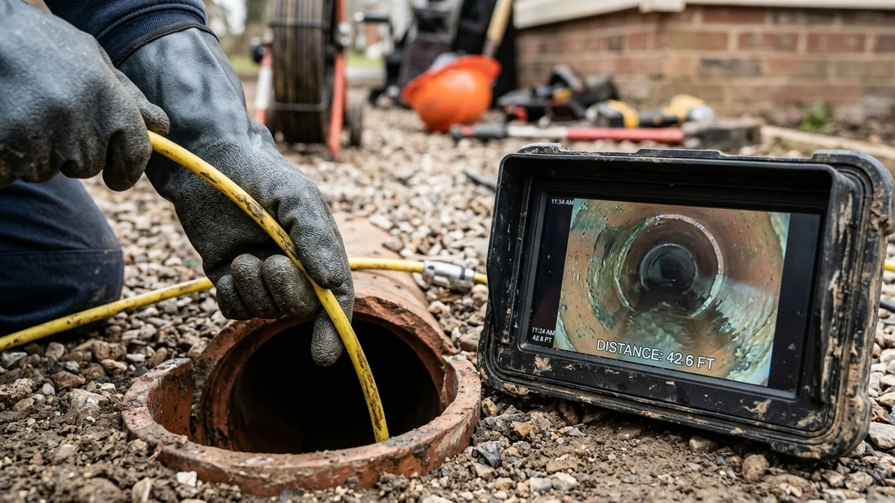 Figure 2: Plumber feeding sewer camera cable into cleanout pipe with monitor showing live internal pipe footage