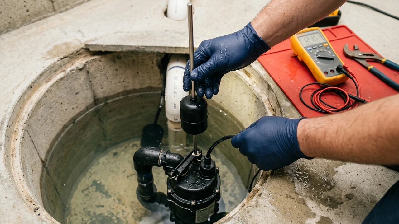 Figure 2: Plumbing technician testing a mechanical float switch inside a sump pump pit in Pittsburg CA