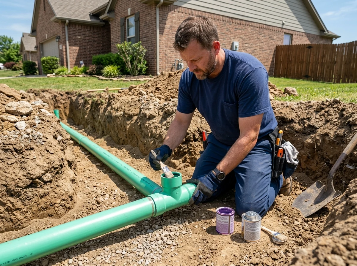 Plumbing technician installing green schedule 40 PVC sewer main pipe in yard trench