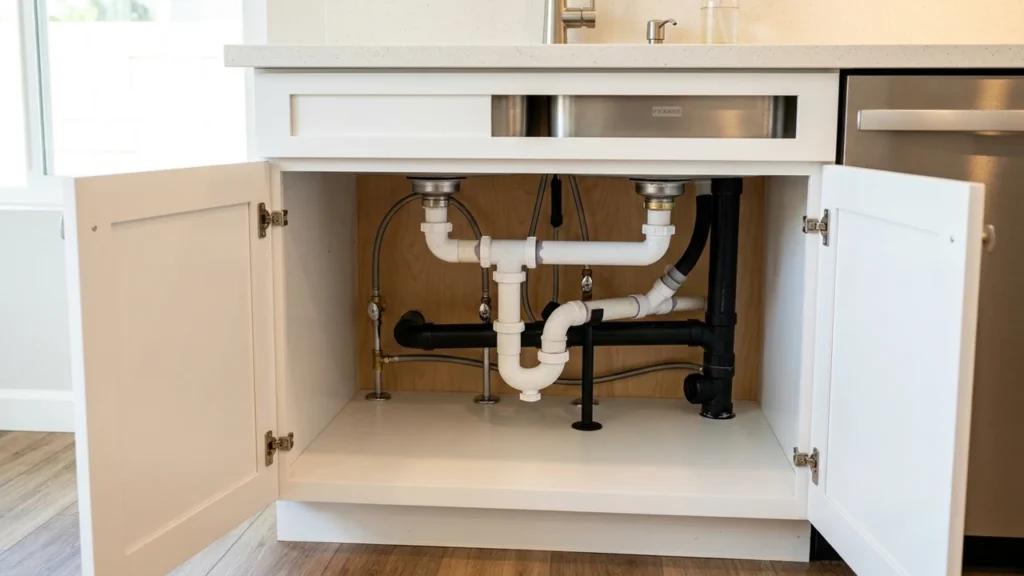 Residential under-sink PVC drainage plumbing and P-trap assembly in Pittsburg CA kitchen