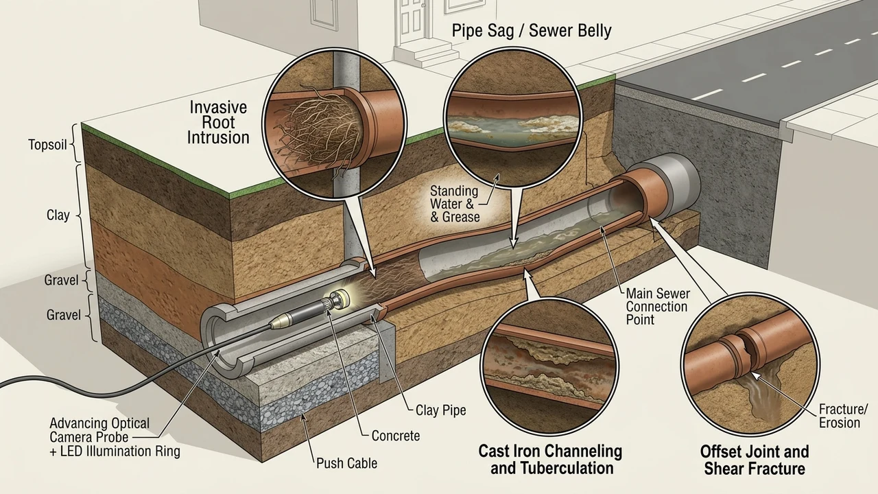 Figure 1: 3D cutaway diagram of buried sewer lateral pipe showing camera probe uncovering root balls, pipe bellies, and cracks