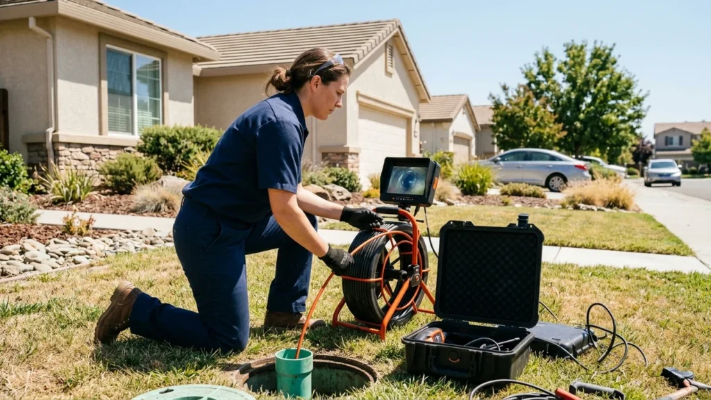 Professional plumber conducting fiber optic sewer camera pipe inspection in Pittsburg CA residential yard