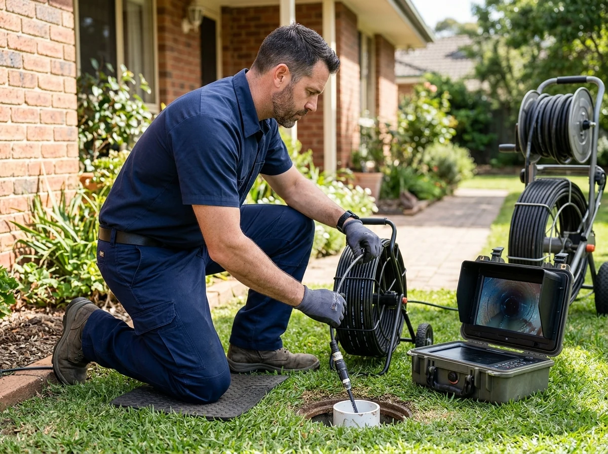 Plumbing technician feeding video inspection camera into main sewer cleanout