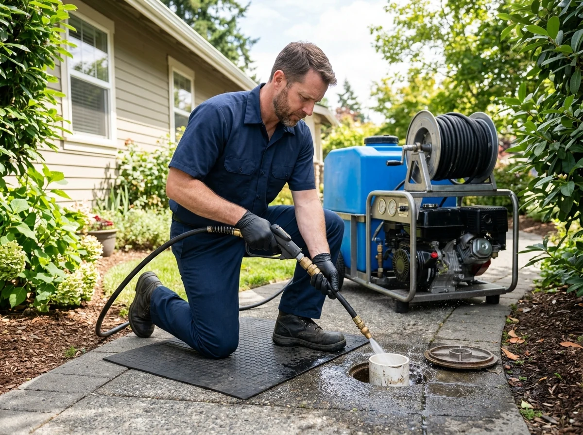 Plumber operating 4000 PSI high pressure hydro jetting system at sewer cleanout