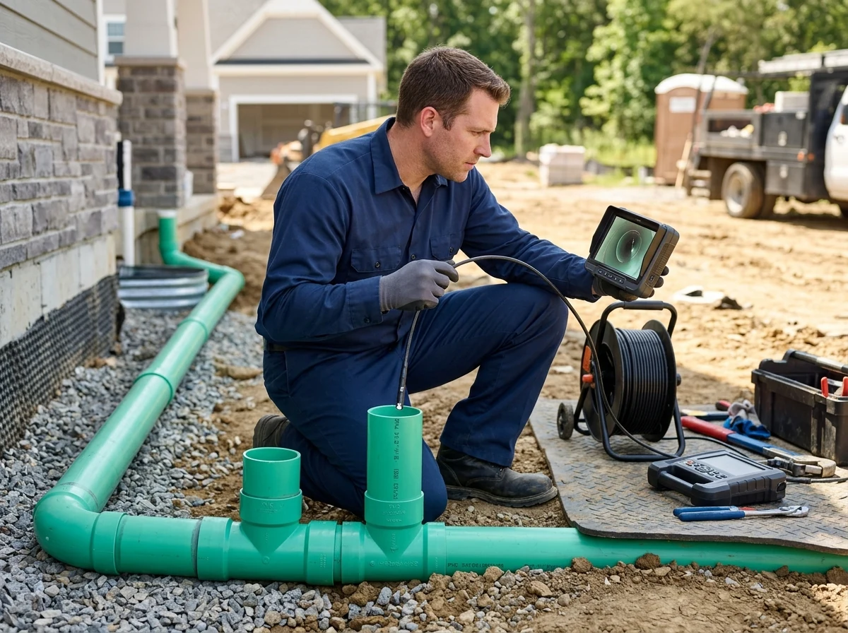 Plumber checking video inspection camera at newly installed sewer cleanout riser