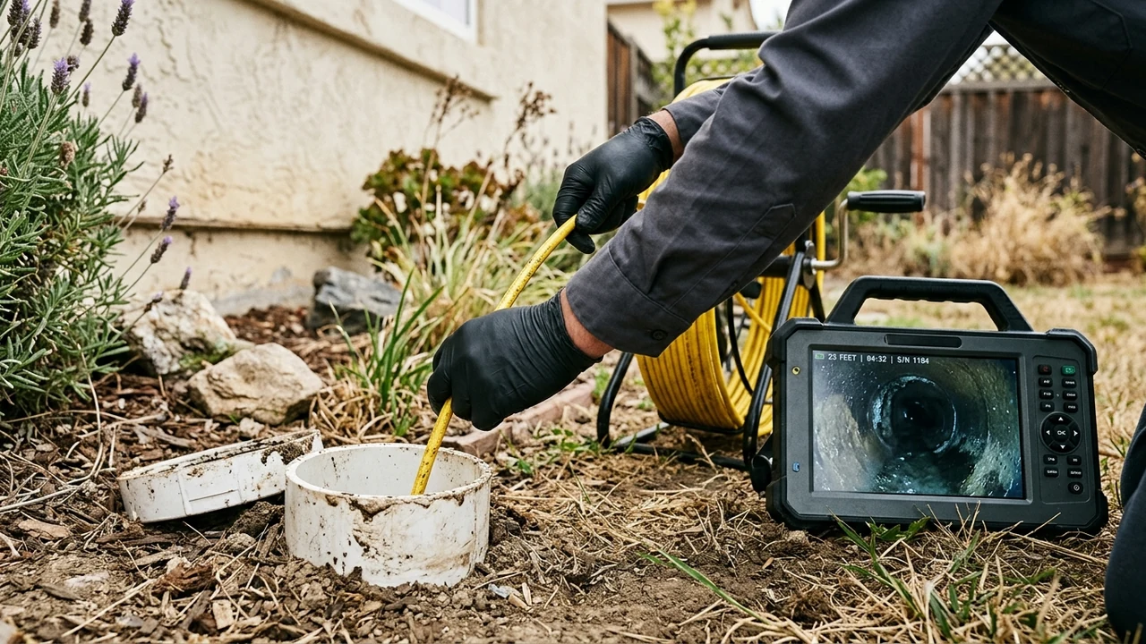 Figure 2: Plumbing technician in Pittsburg CA using fiber-optic sewer camera push cable to inspect main lateral