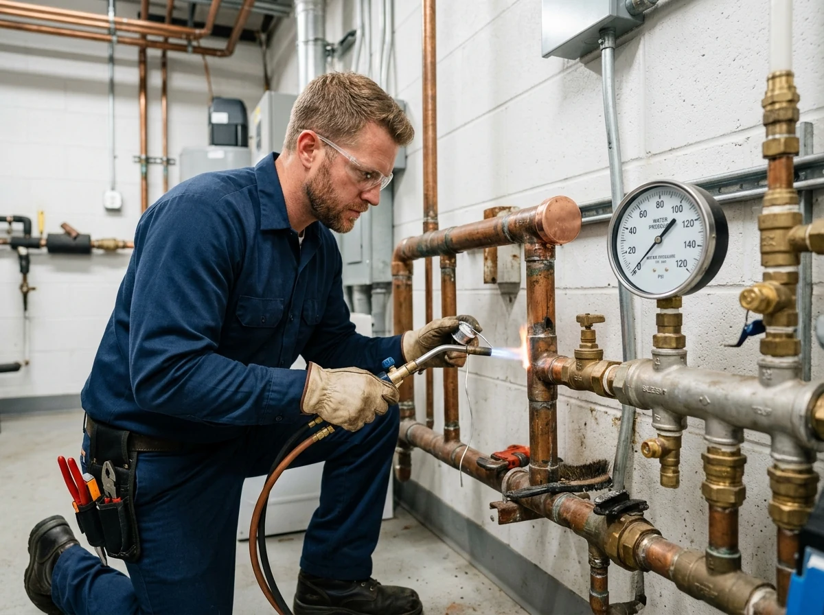Plumber soldering copper cap and checking pressure test gauge in utility room