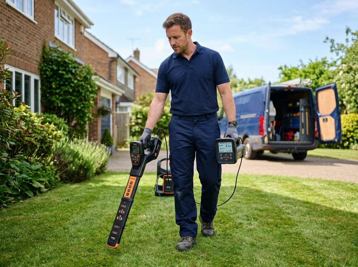 Plumbing technician using digital underground utility locator wand in yard