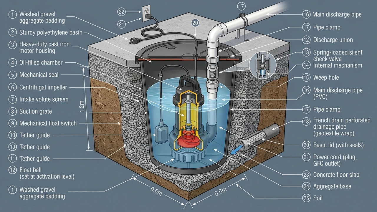 Figure 1: 3D mechanical cutaway diagram of a submersible sump pump system and drainage basin pit