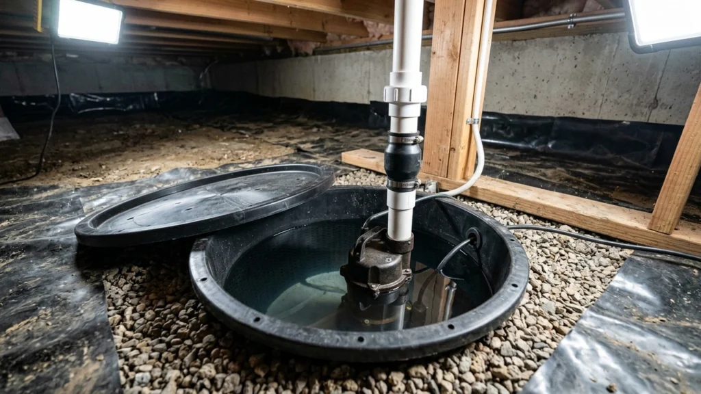 Residential crawlspace sump pump basin with PVC discharge pipe and check valve in Pittsburg CA