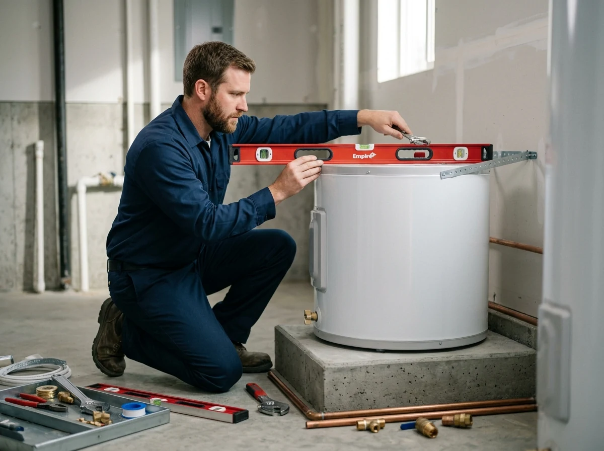 Plumbing technician leveling new residential tank water heater on earthquake stand