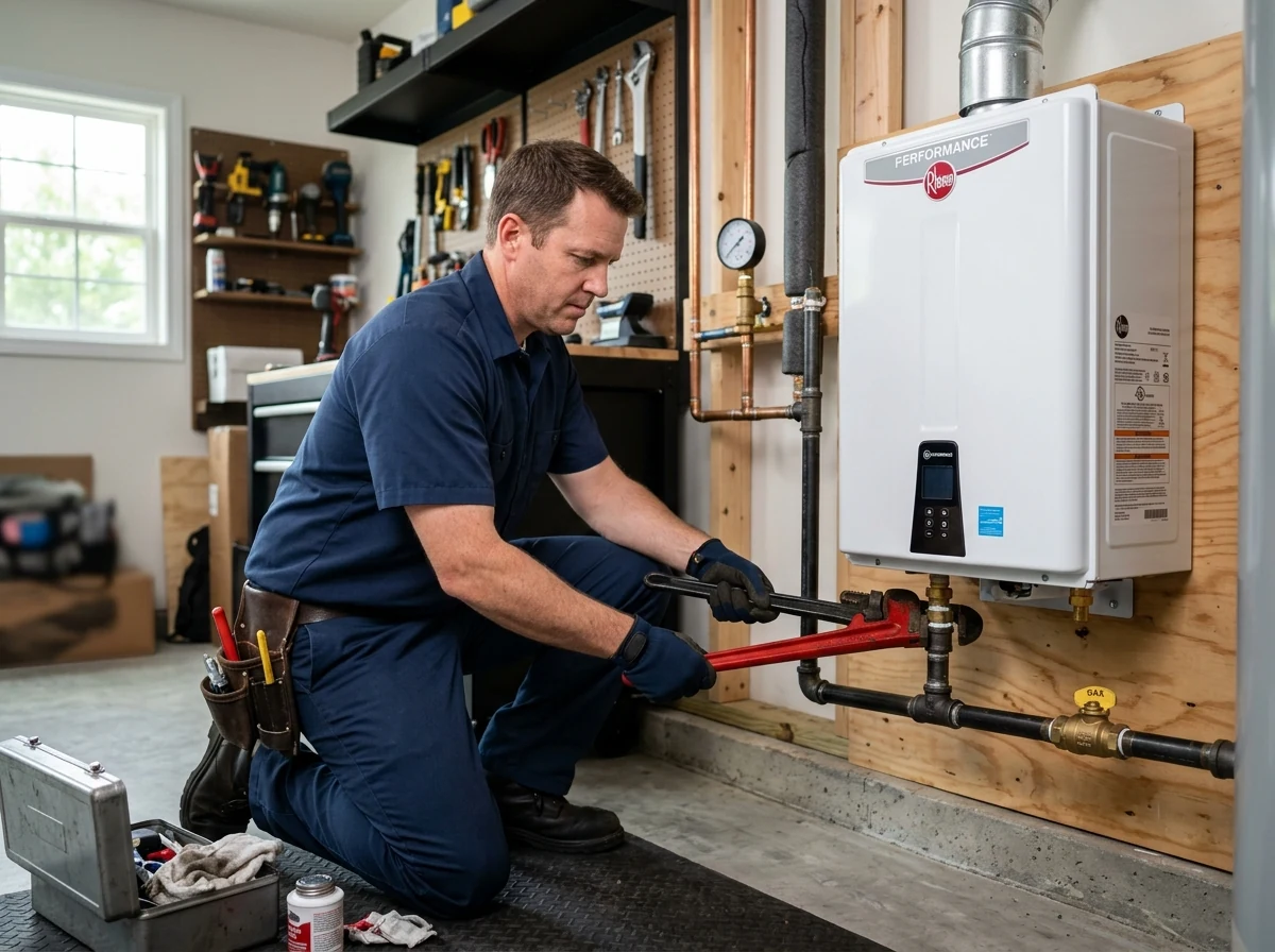Plumbing technician connecting high capacity gas line to tankless water heater