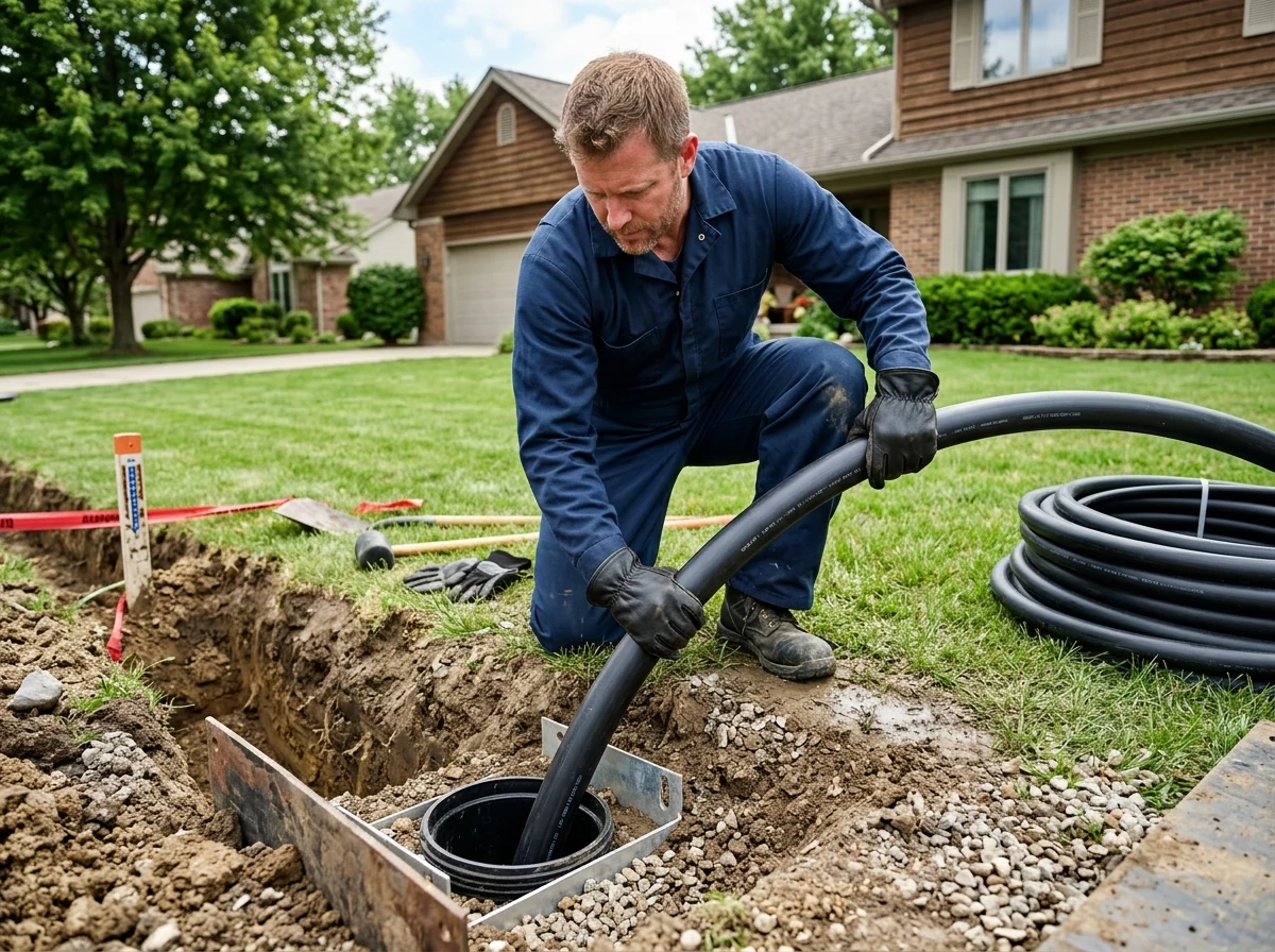 Plumbing technician guiding flexible HDPE sewer pipe into entry pit