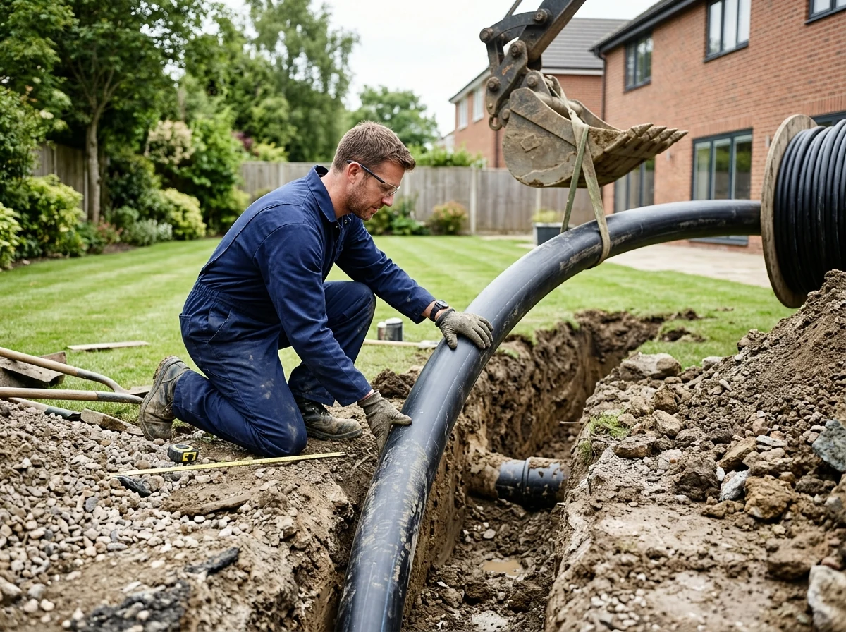Plumber guiding continuous HDPE sewer pipe into trenchless replacement borehole