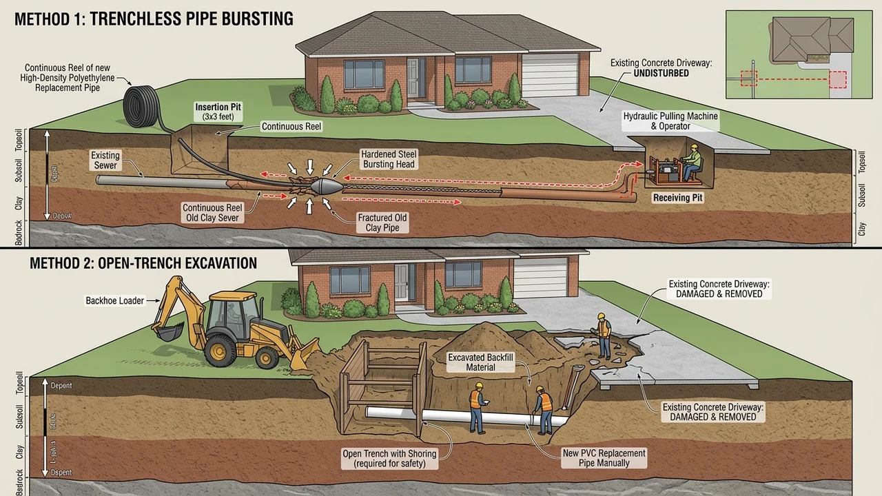 Figure 1: 3D architectural cutaway diagram illustrating trenchless pipe bursting vs open-trench excavation for residential sewer line