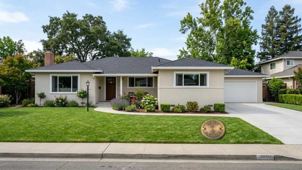 Front yard exterior of a single-story ranch home in Pittsburg CA with ground-level sewer cleanout cap