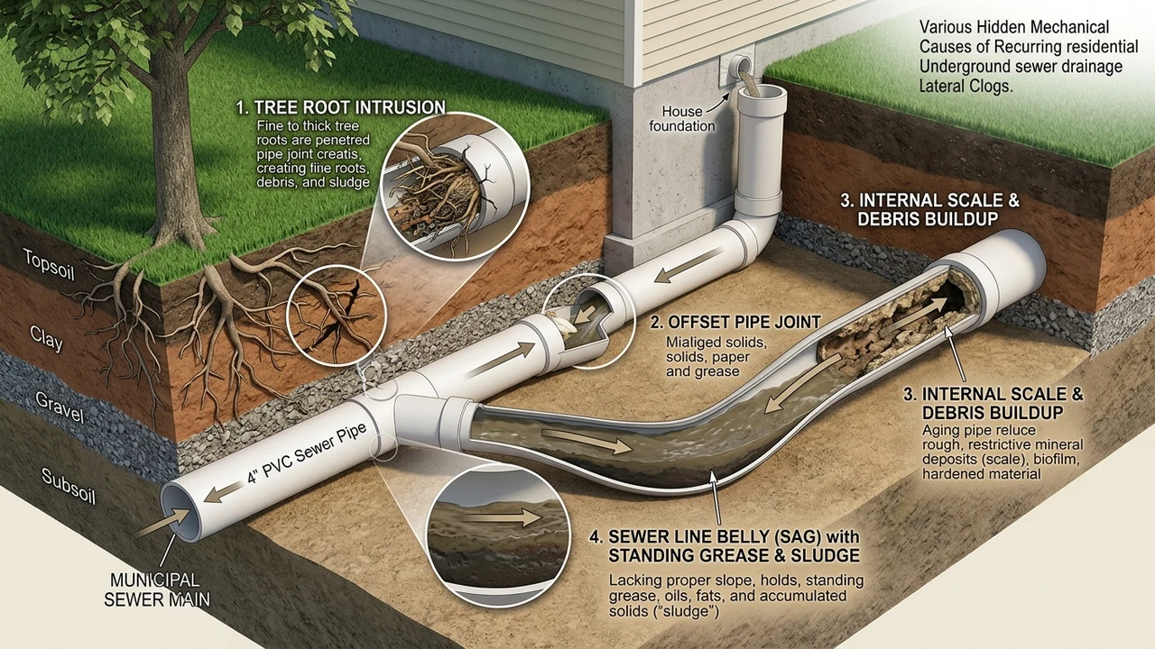 Figure 1: 3D cutaway diagram showing underground sewer pipe clogs caused by root intrusion, belly sag, and scale buildup