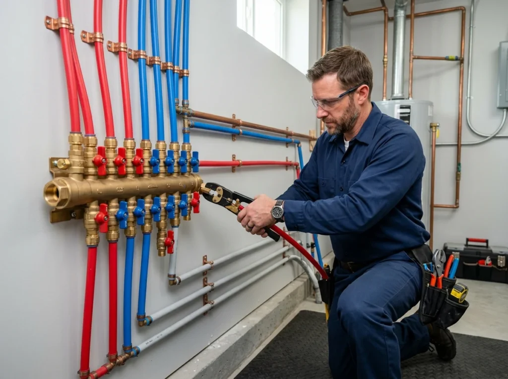 Plumber installing brass and PEX home water distribution manifold with shutoff valves