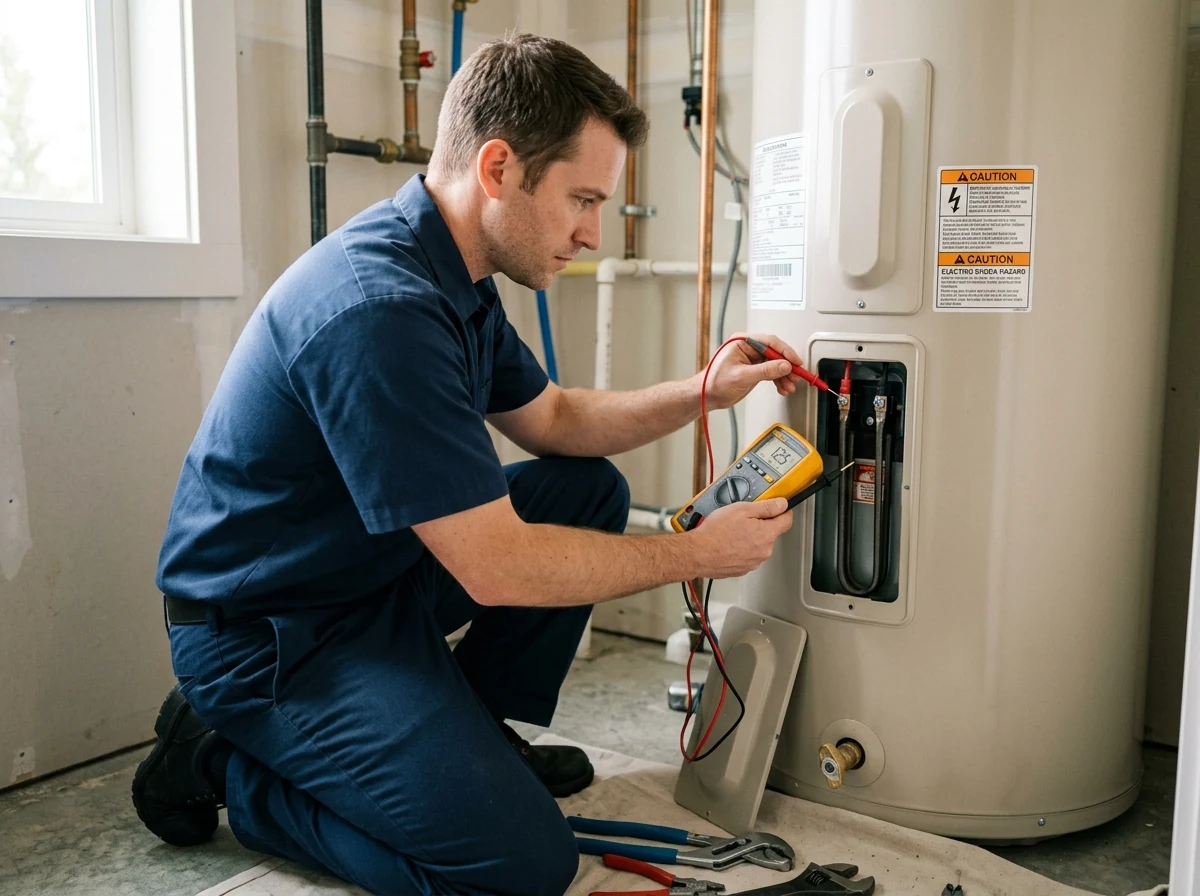 Plumber testing electrical heating element continuity on water heater with multimeter