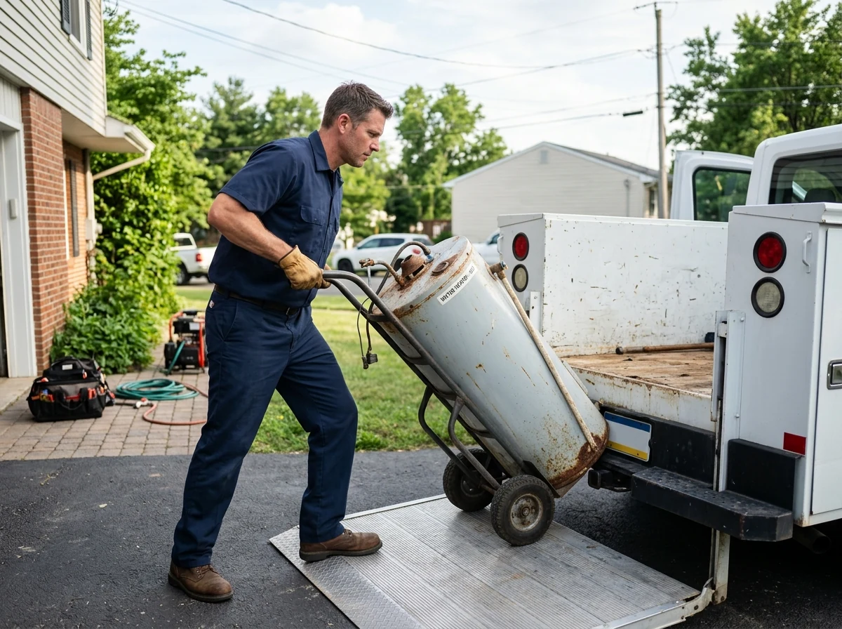 Plumber loading decommissioned water heater tank onto service truck for recycling