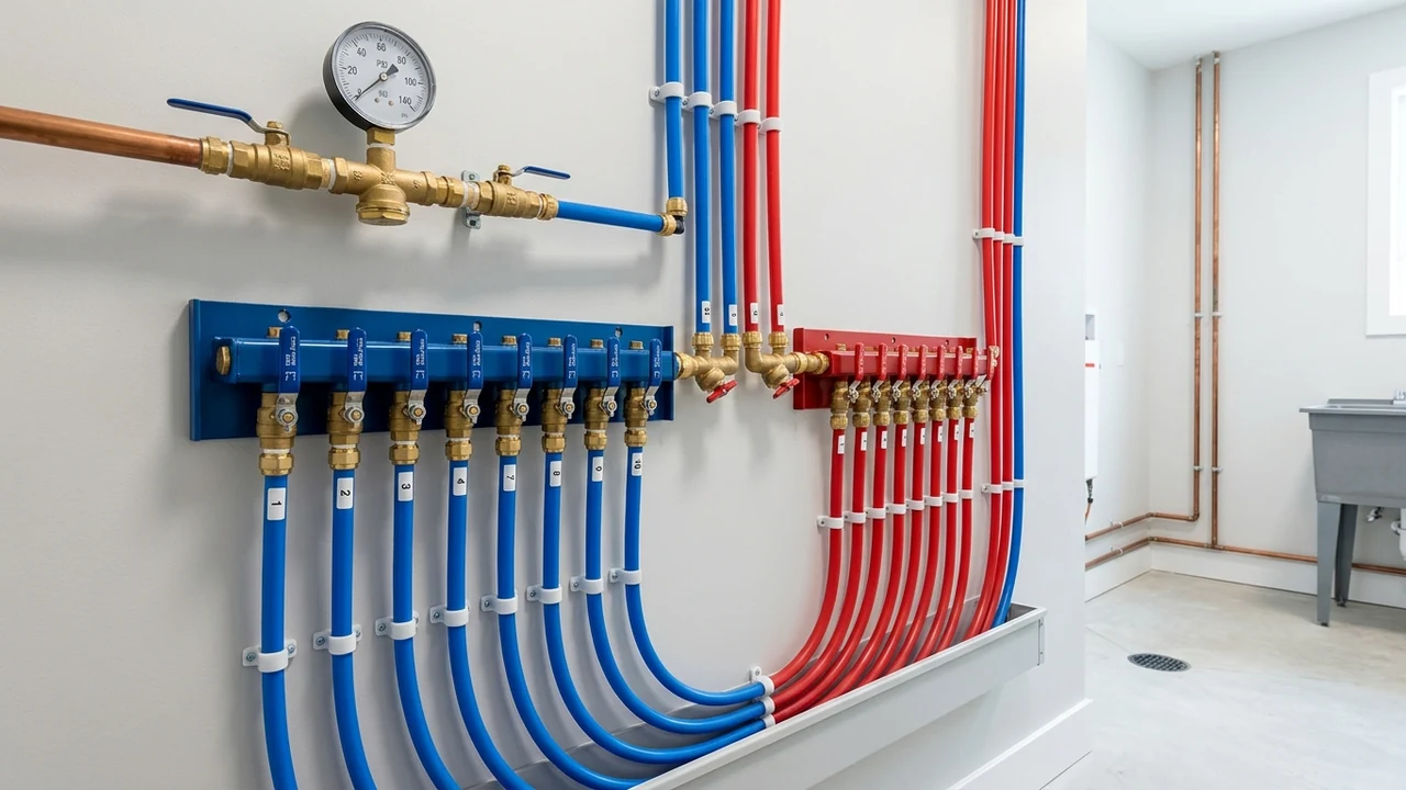 Pristine PEX plumbing manifold system with color-coded red and blue distribution lines in Pittsburg CA residential utility room