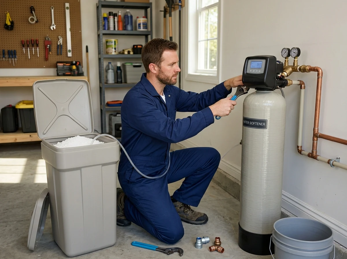 Plumbing technician installing whole house water softener tank and brine system