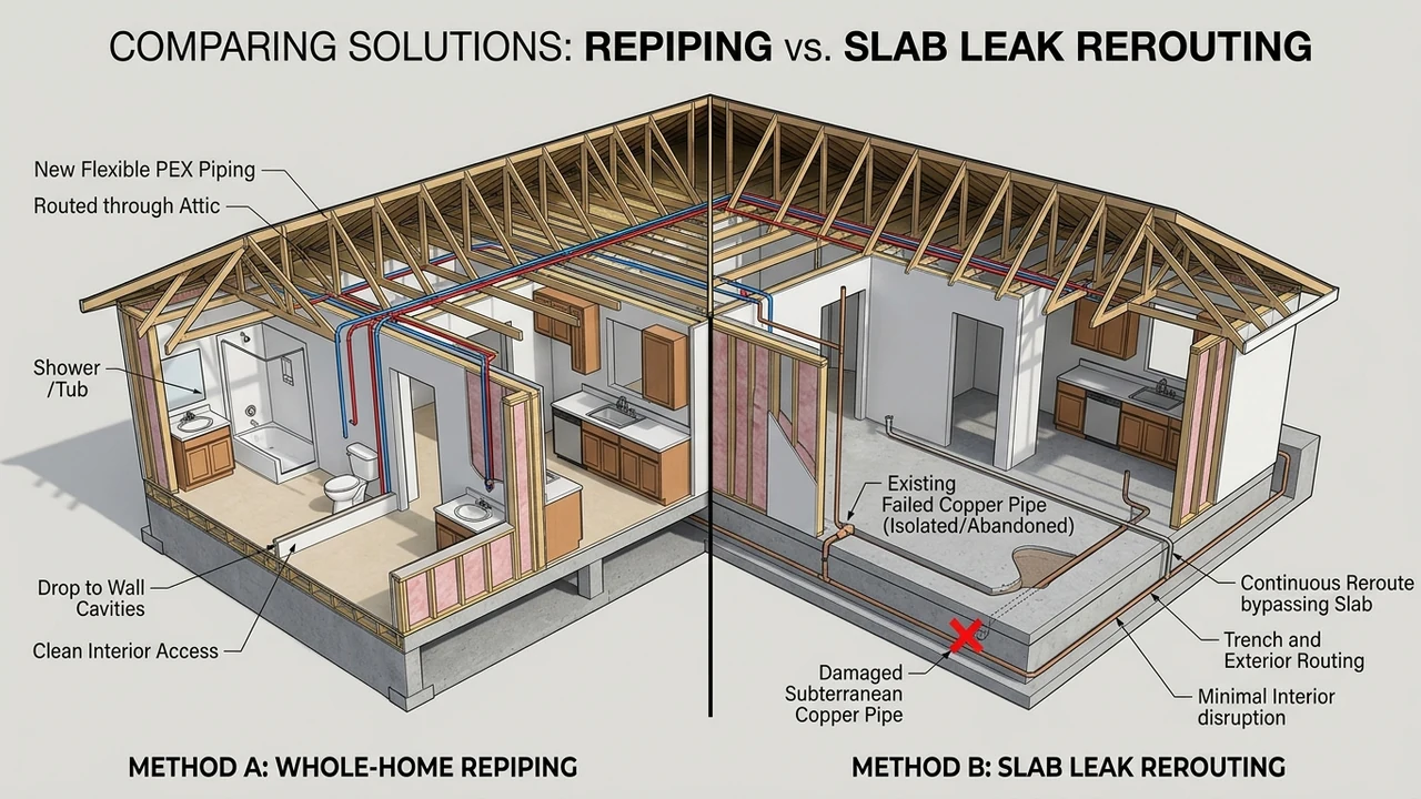Figure 1: 3D architectural cutaway diagram comparing whole-home attic PEX repiping versus slab leak bypass rerouting