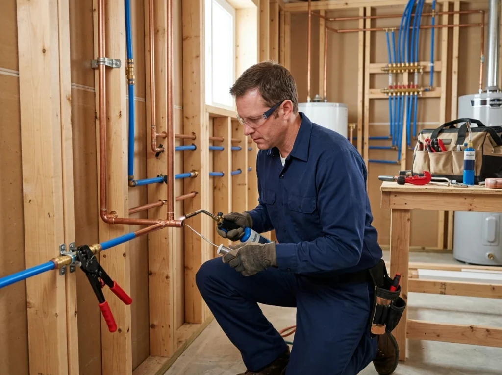 Plumber soldering copper pipes and crimping PEX lines during house repiping