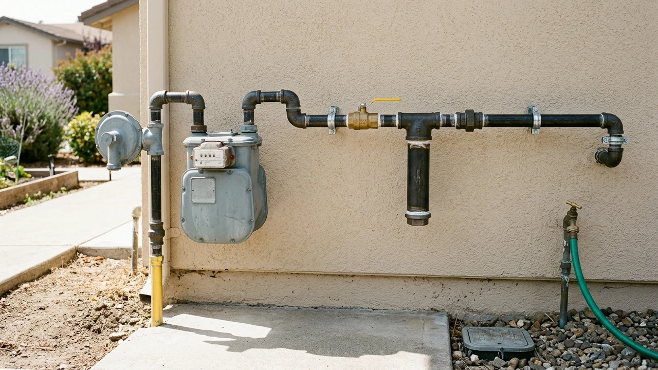 Newly repiped residential 3/4-inch black iron gas manifold, pressure regulator, and gas meter mounted against a California stucco home exterior