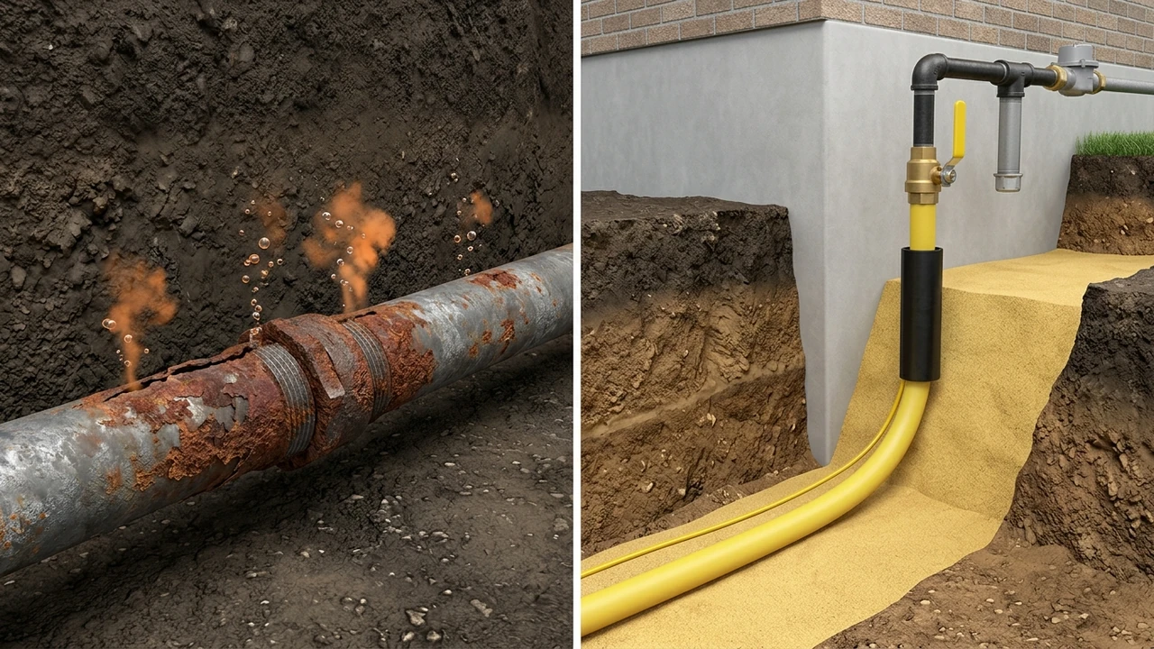 3D cross-section comparing a corroded underground steel gas line against a modern buried yellow HDPE gas pipe with tracer wire, riser, shutoff valve, and sediment trap