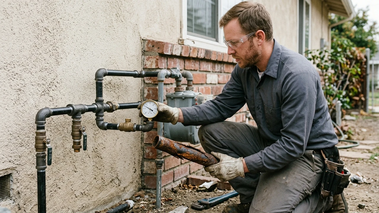 Plumber in plain charcoal shirt comparing a corroded old steel gas pipe section while checking a brass pressure test gauge on a new black iron gas manifold