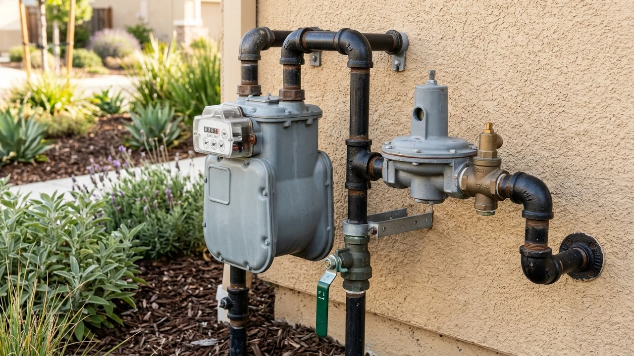 Residential exterior natural gas meter and pressure regulator assembly in Pittsburg CA
