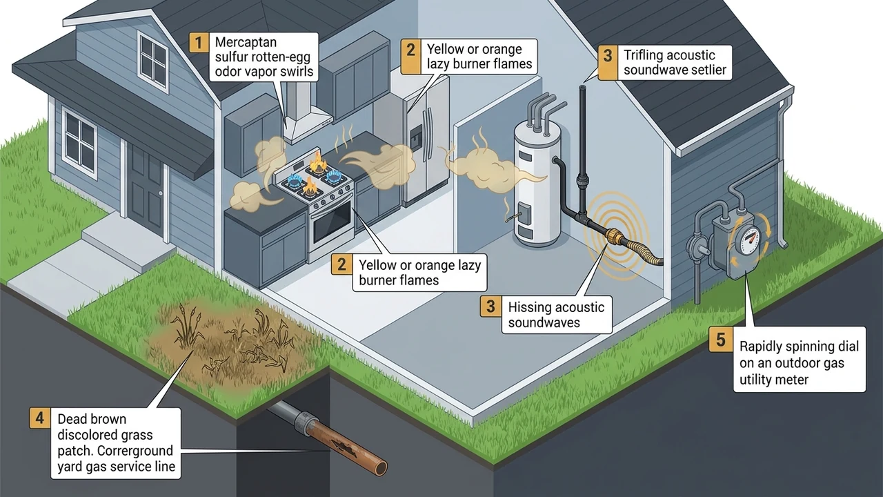3D residential plumbing diagram illustrating 5 warning signs of a gas line problem in Pittsburg CA