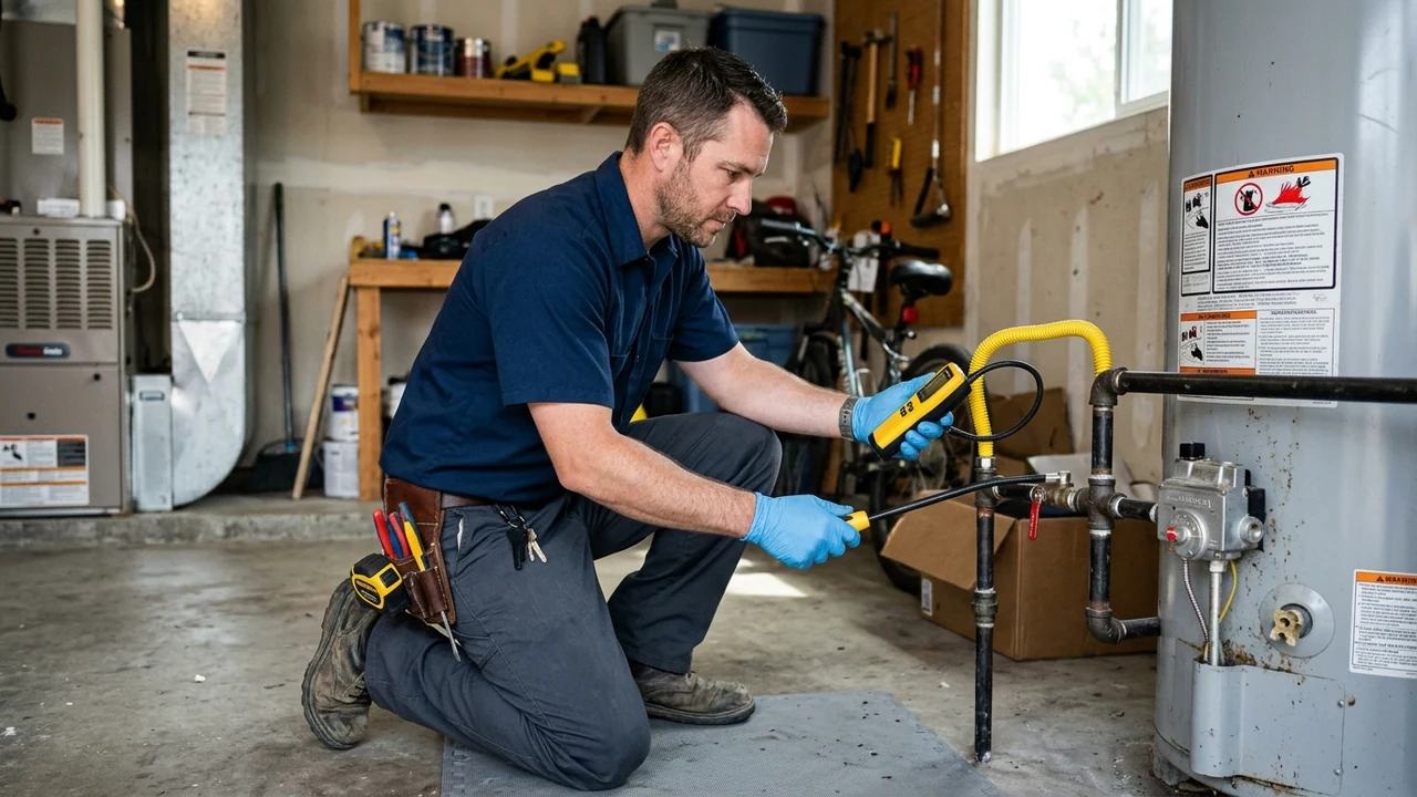 Licensed plumber in Pittsburg CA testing a water heater gas valve with an electronic combustible gas detector