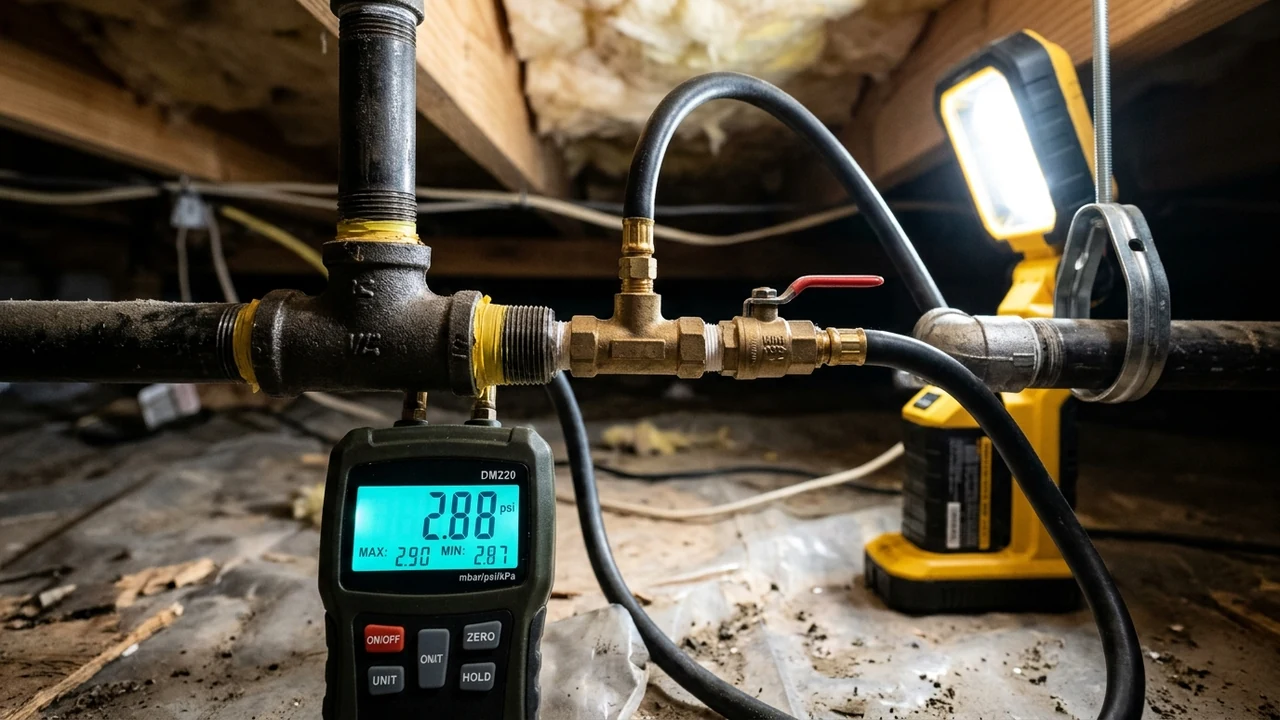 Digital differential pressure manometer connected to black iron gas manifold in Pittsburg CA crawlspace